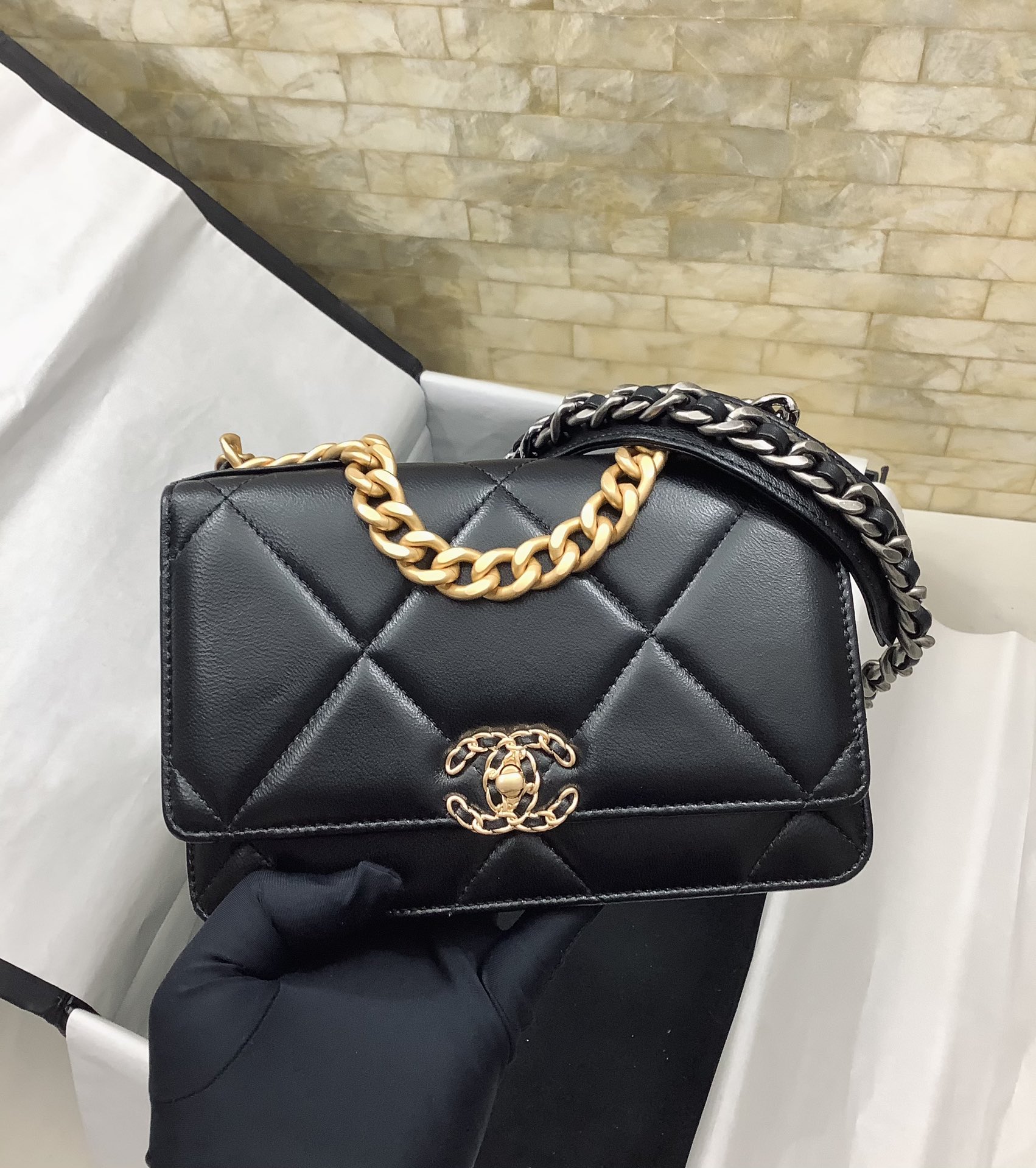 Chanel 19 Bag Shiny Lambskin Gold-Tone Silver-Tone Ruthenium-Finish Metal Black