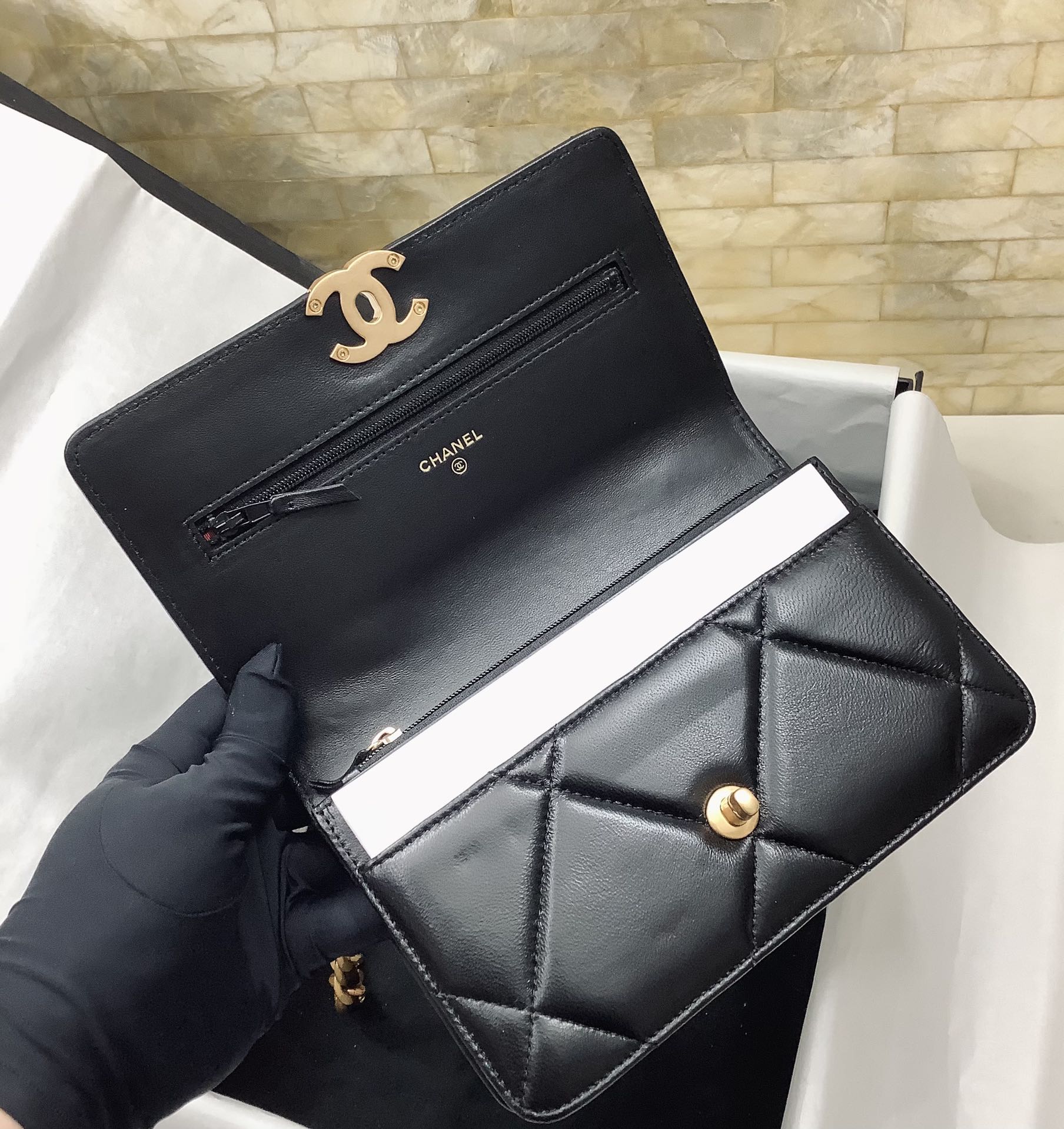 Chanel 19 Bag Shiny Lambskin Gold-Tone Silver-Tone Ruthenium-Finish Metal Black