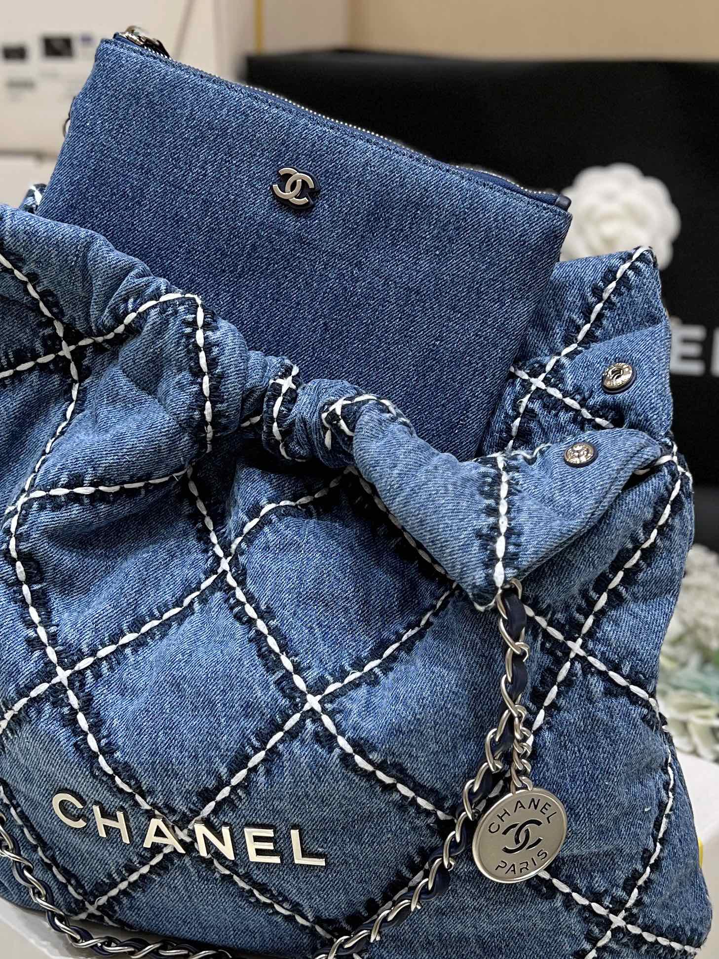 Chanel 22 AS3980 Large Handbag Stitched Denim Silver Tone Metal Blue