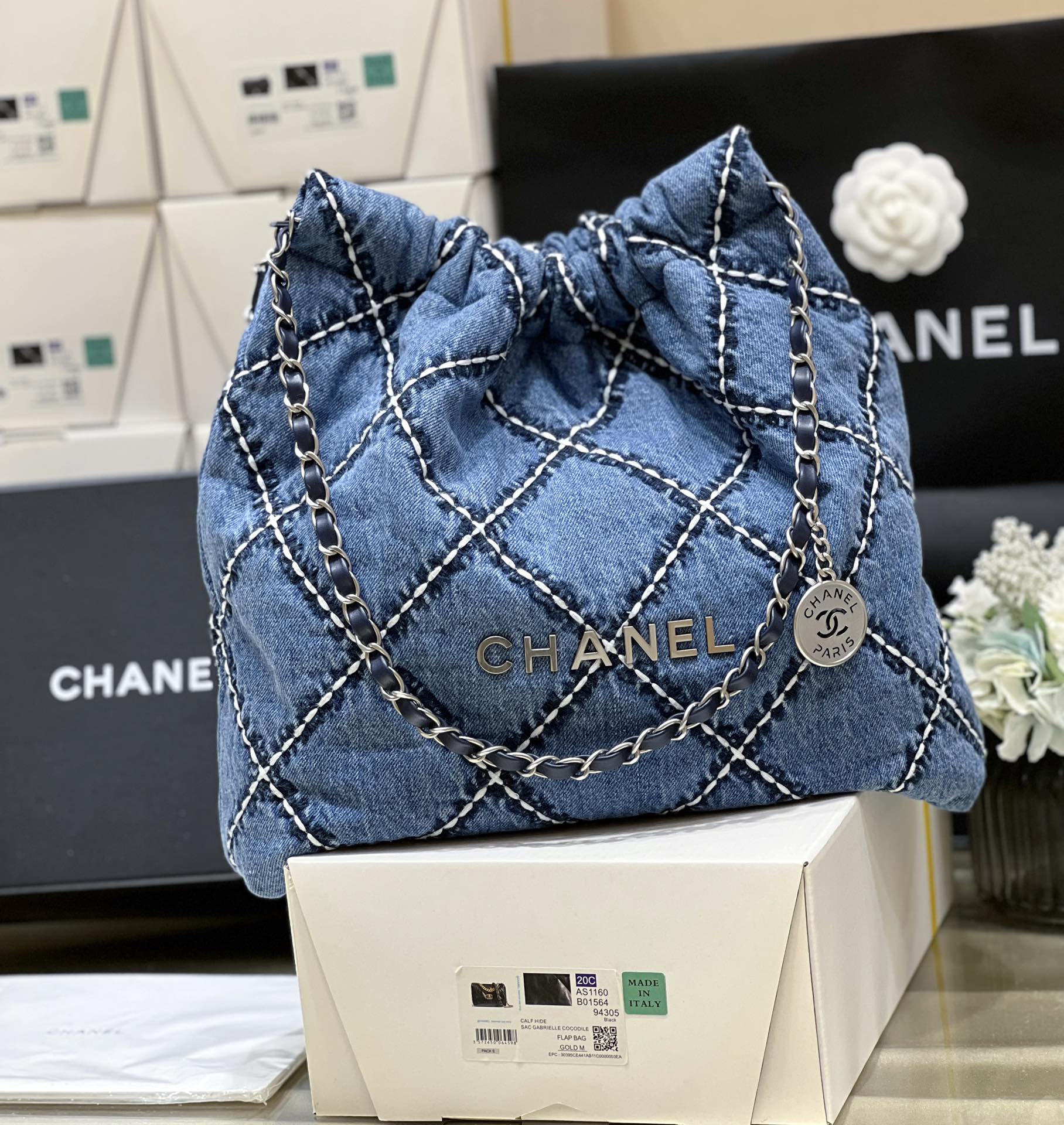 Chanel 22 AS3980 Large Handbag Stitched Denim Silver Tone Metal Blue