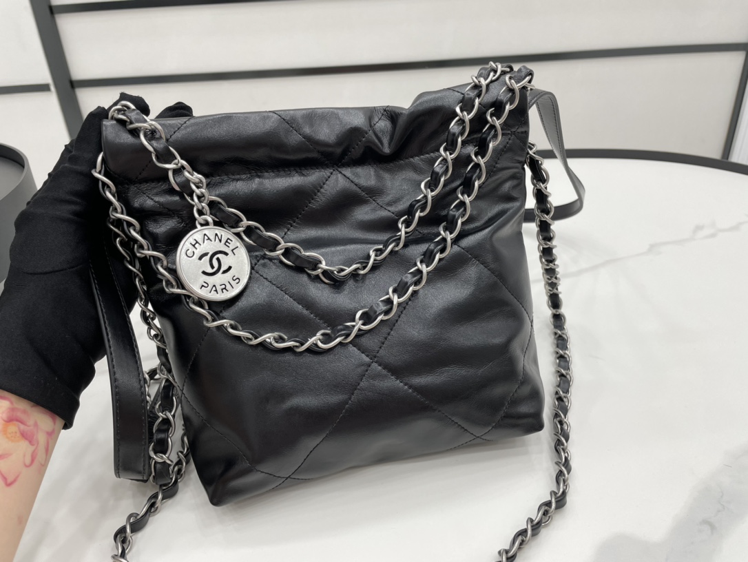 Chanel 22 Hanbag Black Calfskin With Silver-Tone Metal Mini Size 18cm