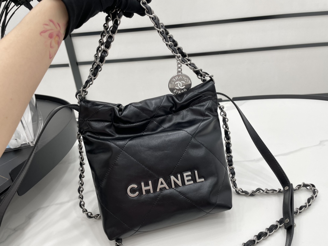 Chanel 22 Hanbag Black Calfskin With Silver-Tone Metal Mini Size 18cm