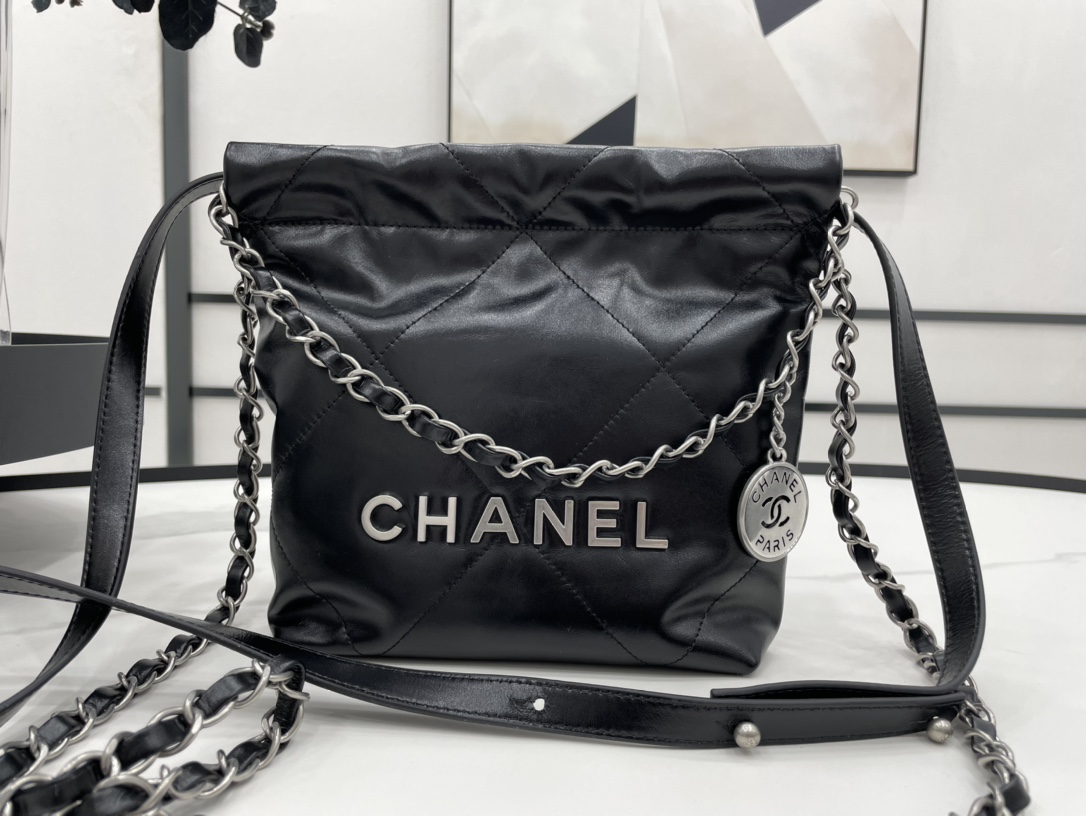 Chanel 22 Hanbag Black Calfskin With Silver-Tone Metal Mini Size 18cm