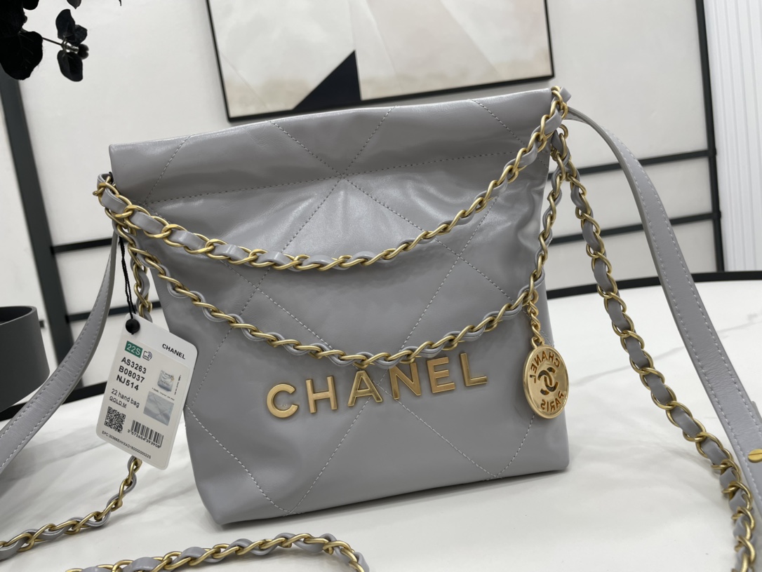 Chanel 22 Hanbag Gray Calfskin With Gold-Tone Metal Mini Size 18cm