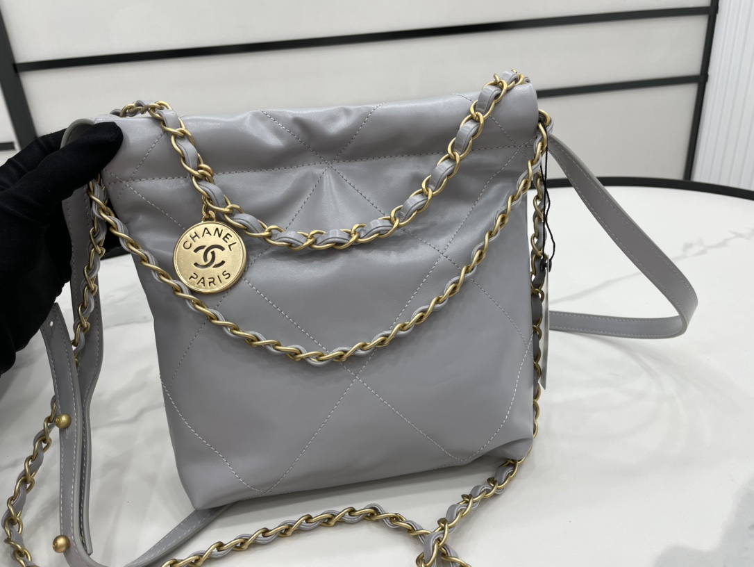 Chanel 22 Hanbag Gray Calfskin With Gold-Tone Metal Mini Size 18cm