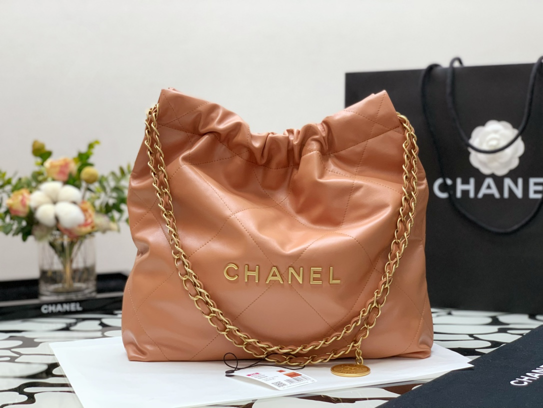 Chanel 22 Hanbag Khaki Calfskin With Gold-Tone Metal Small Size 30cm