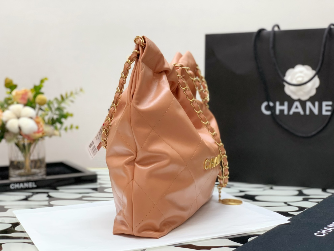 Chanel 22 Hanbag Khaki Calfskin With Gold-Tone Metal Small Size 30cm