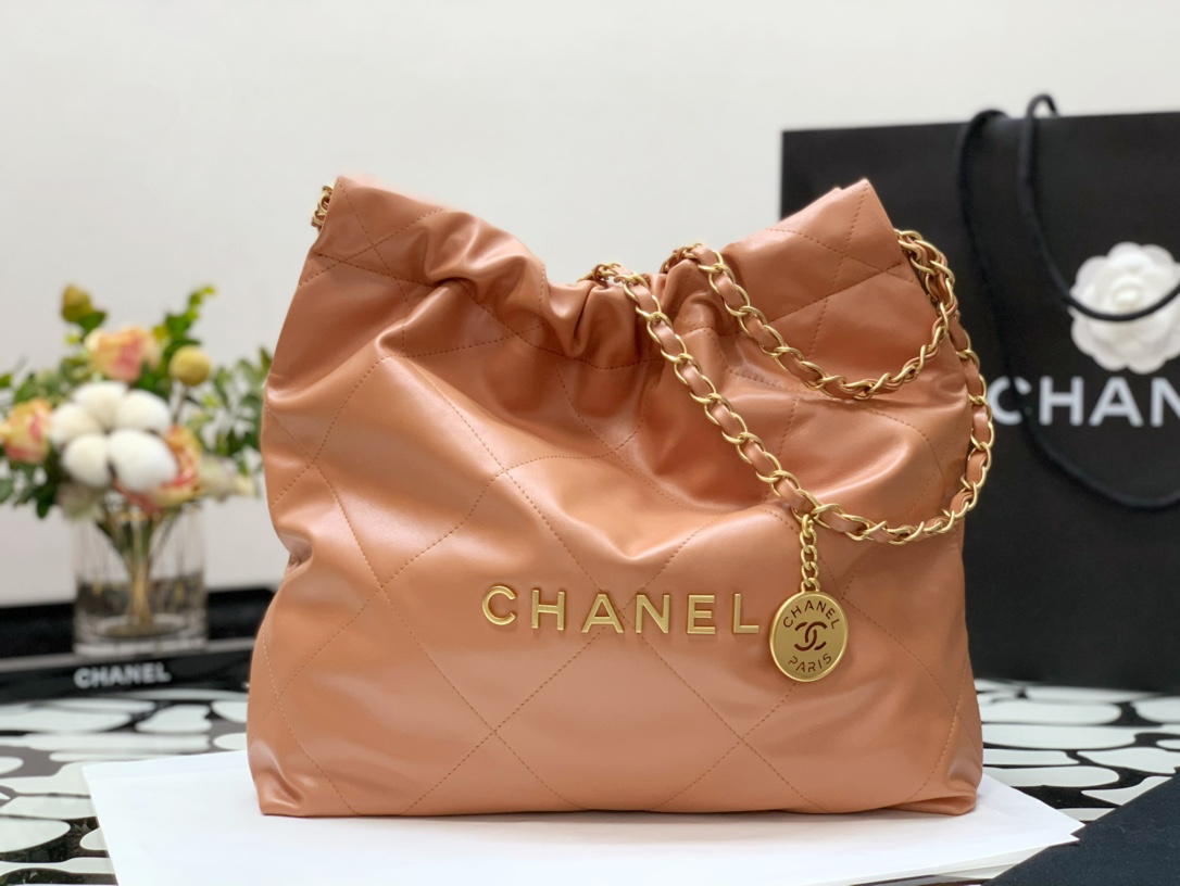 Chanel 22 Hanbag Khaki Calfskin With Gold-Tone Metal Small Size 30cm