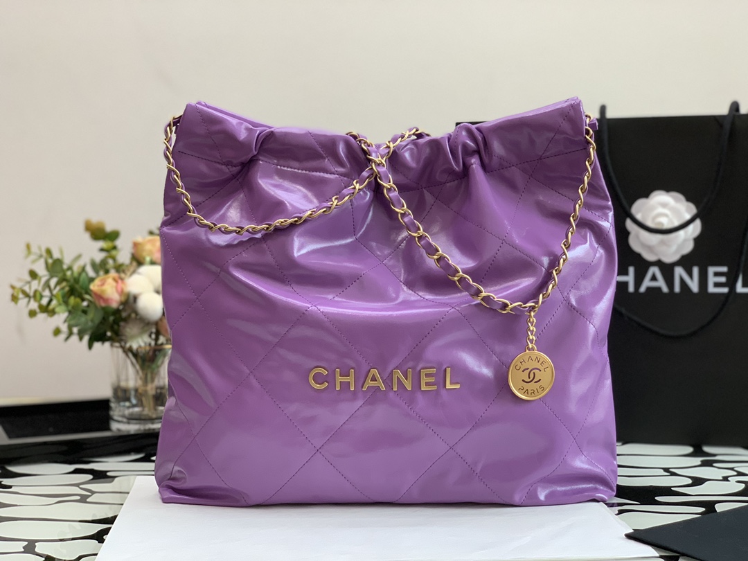 Chanel 22 Hanbag Purple Calfskin With Gold-Tone Metal  Small Size 30cm