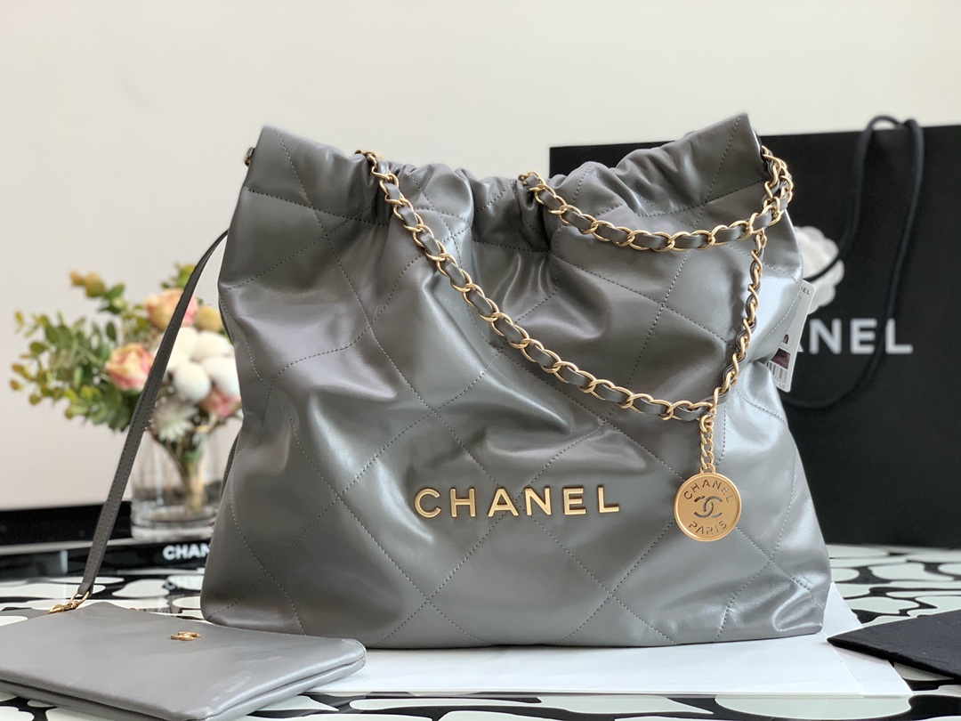 Chanel 22 Hanbag Silver Gray Calfskin With Gold-Tone Metal Medium 35cm