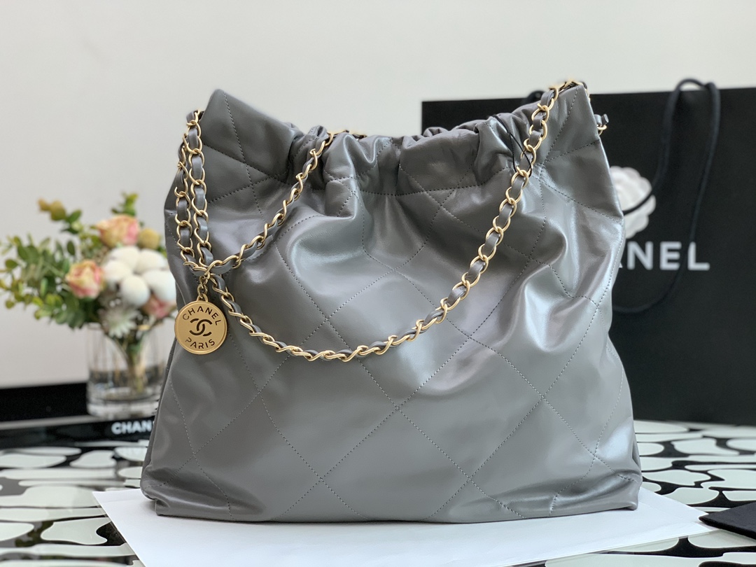 Chanel 22 Hanbag Silver Gray Calfskin With Gold-Tone Metal Medium 35cm