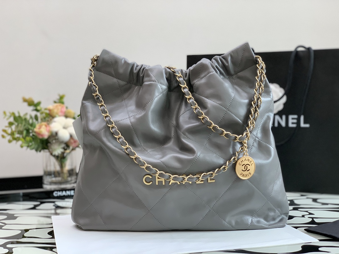 Chanel 22 Hanbag Silver Gray Calfskin With Gold-Tone Metal Medium 35cm