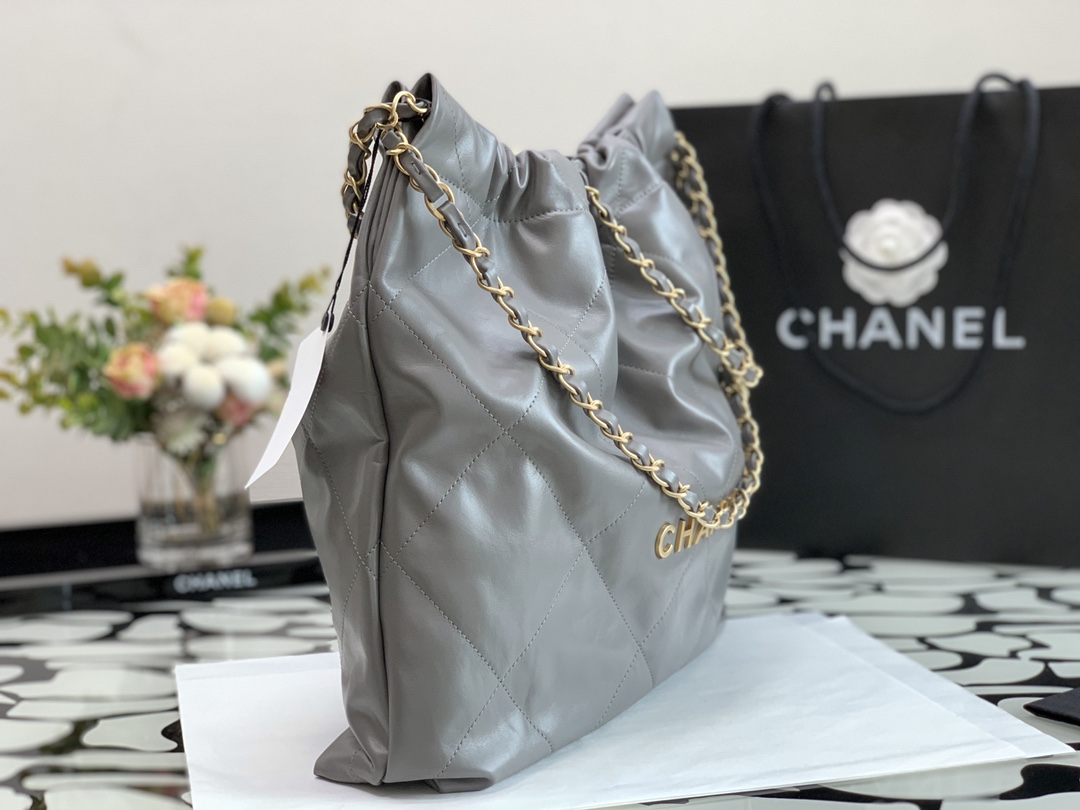 Chanel 22 Hanbag Silver Gray Calfskin With Gold-Tone Metal Medium 35cm