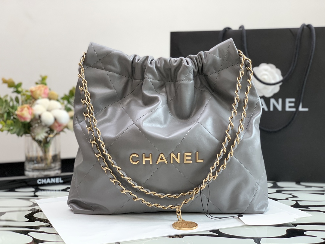 Chanel 22 Hanbag Silver Gray Calfskin With Gold-Tone Metal Small Size 30cm