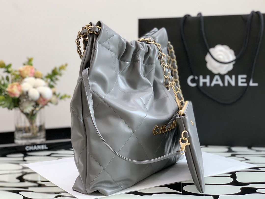 Chanel 22 Hanbag Silver Gray Calfskin With Gold-Tone Metal Small Size 30cm