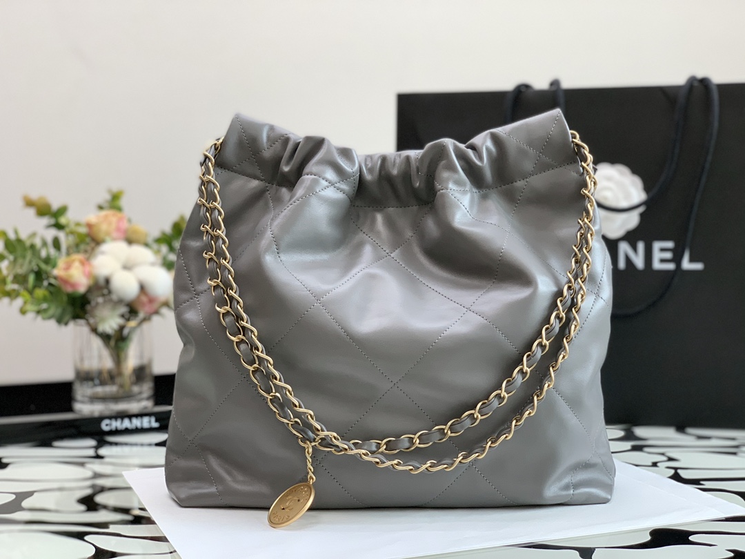 Chanel 22 Hanbag Silver Gray Calfskin With Gold-Tone Metal Small Size 30cm