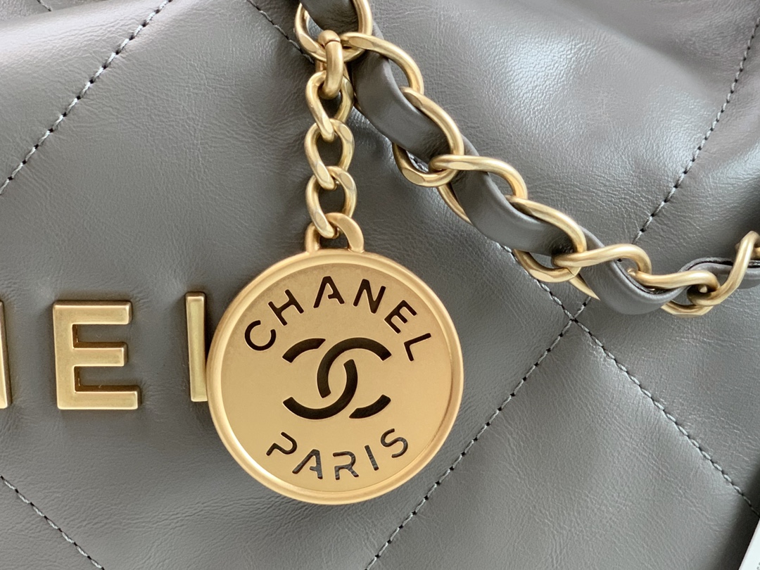 Chanel 22 Hanbag Silver Gray Calfskin With Gold-Tone Metal Small Size 30cm