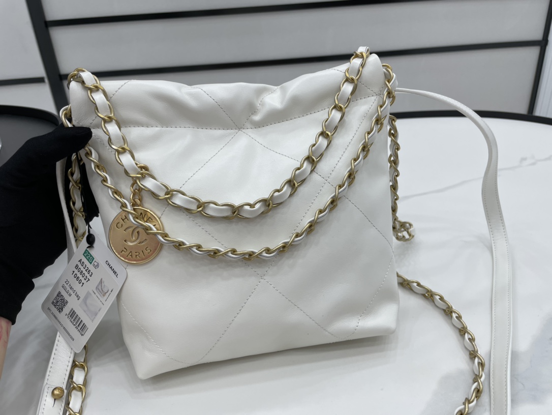 Chanel 22 Hanbag White Calfskin With Gold-Tone Metal Mini Size 18cm