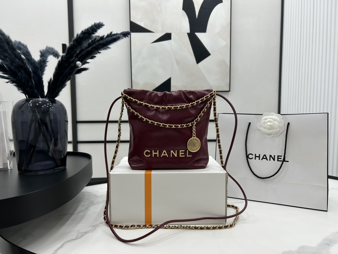 Chanel 22 Mini Handbag Shiny Calfskin Gold-Tone Metal Dark Red