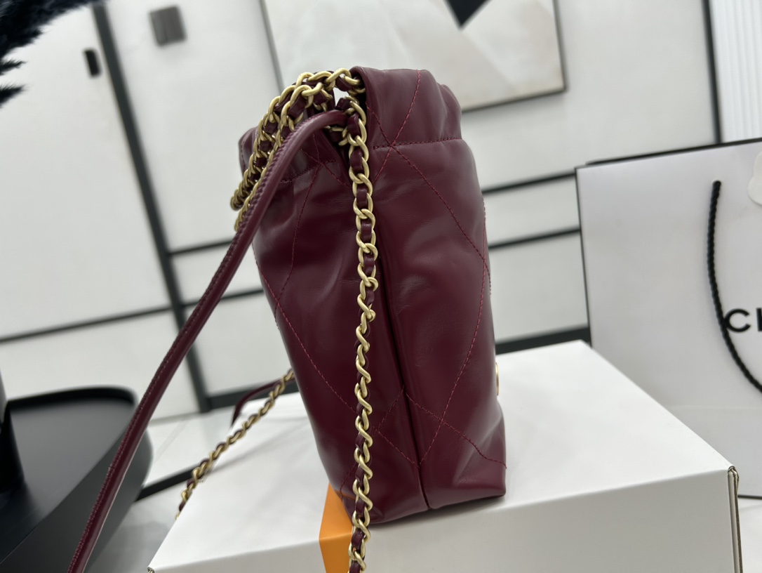 Chanel 22 Mini Handbag Shiny Calfskin Gold-Tone Metal Dark Red