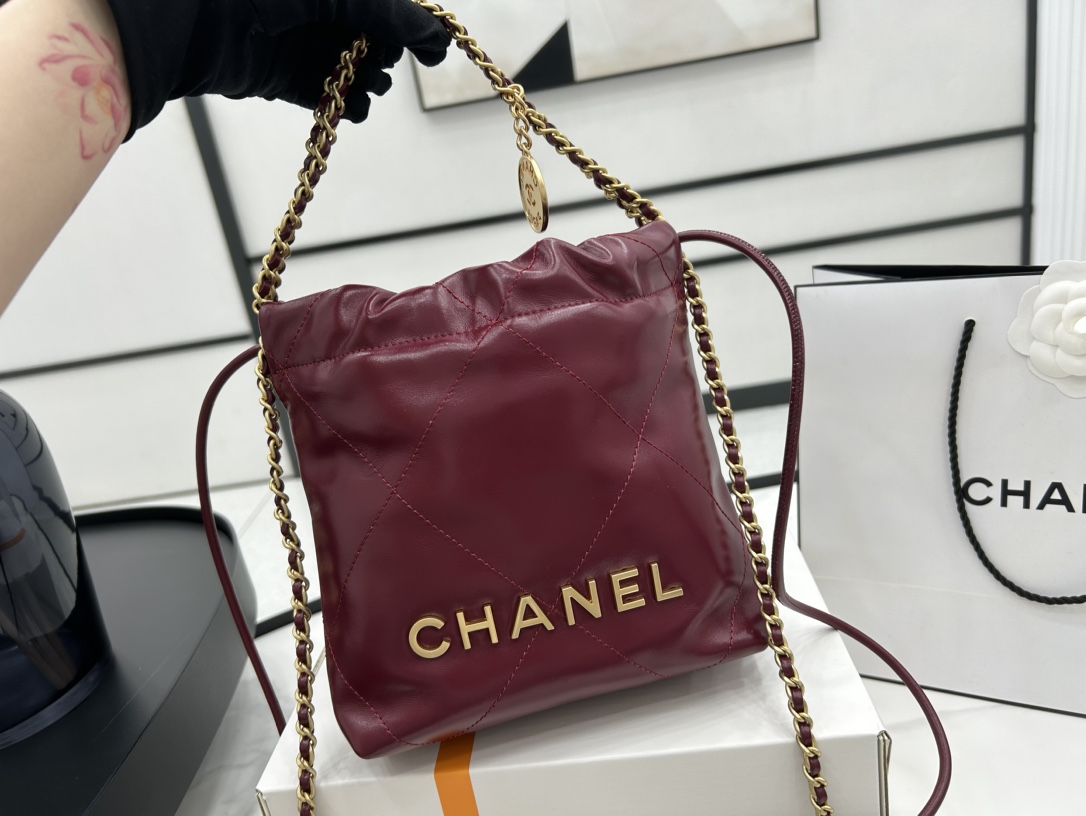 Chanel 22 Mini Handbag Shiny Calfskin Gold-Tone Metal Dark Red