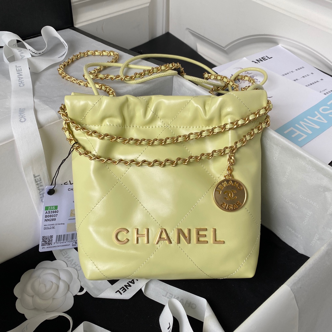 Chanel 22 Mini Handbag Shiny Calfskin Gold-Tone Metal Lavender