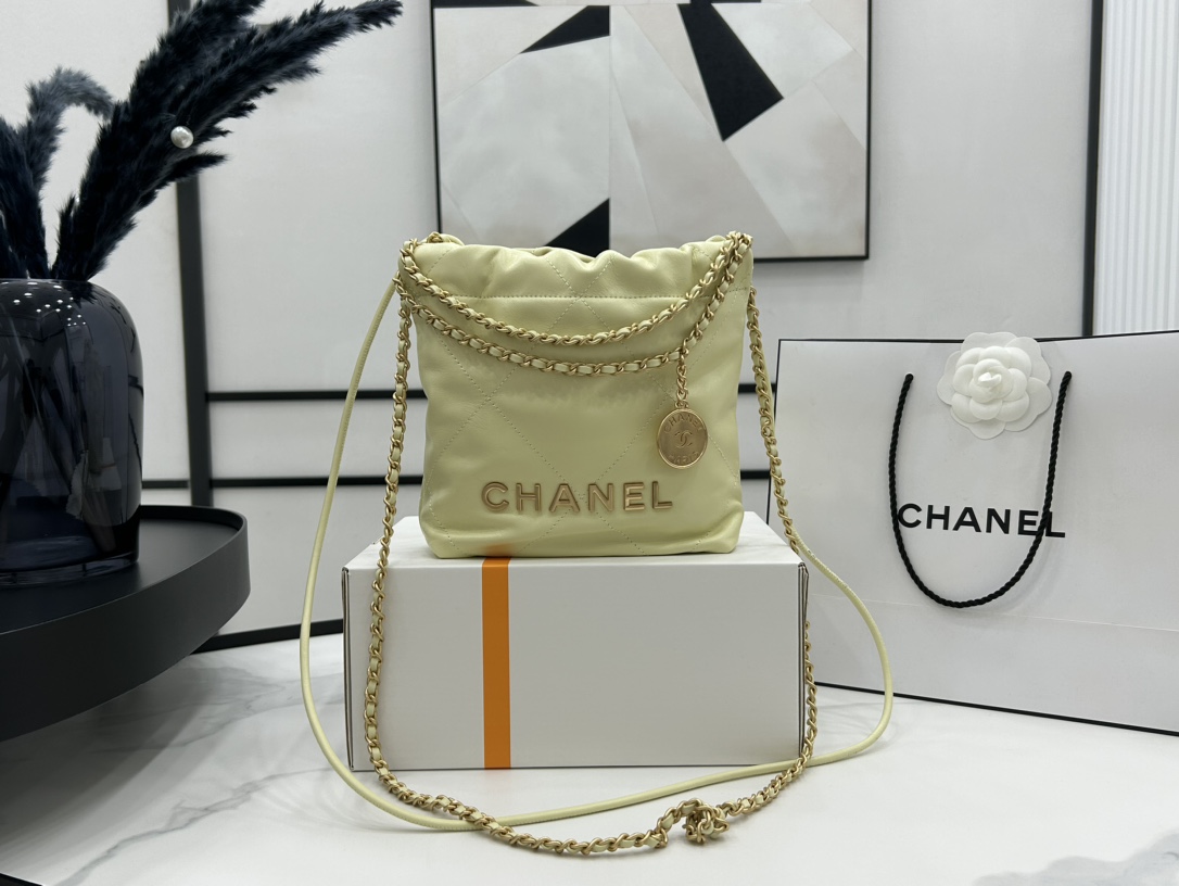 Chanel 22 Mini Handbag Shiny Calfskin Gold-Tone Metal Light Yellow