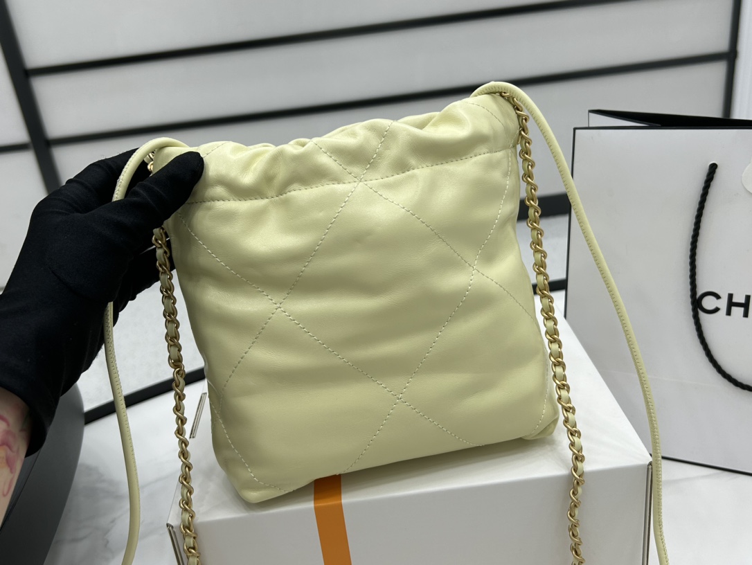 Chanel 22 Mini Handbag Shiny Calfskin Gold-Tone Metal Light Yellow