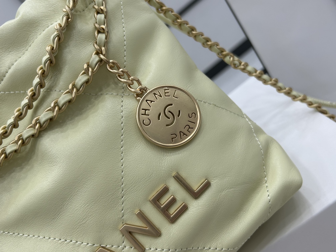 Chanel 22 Mini Handbag Shiny Calfskin Gold-Tone Metal Light Yellow