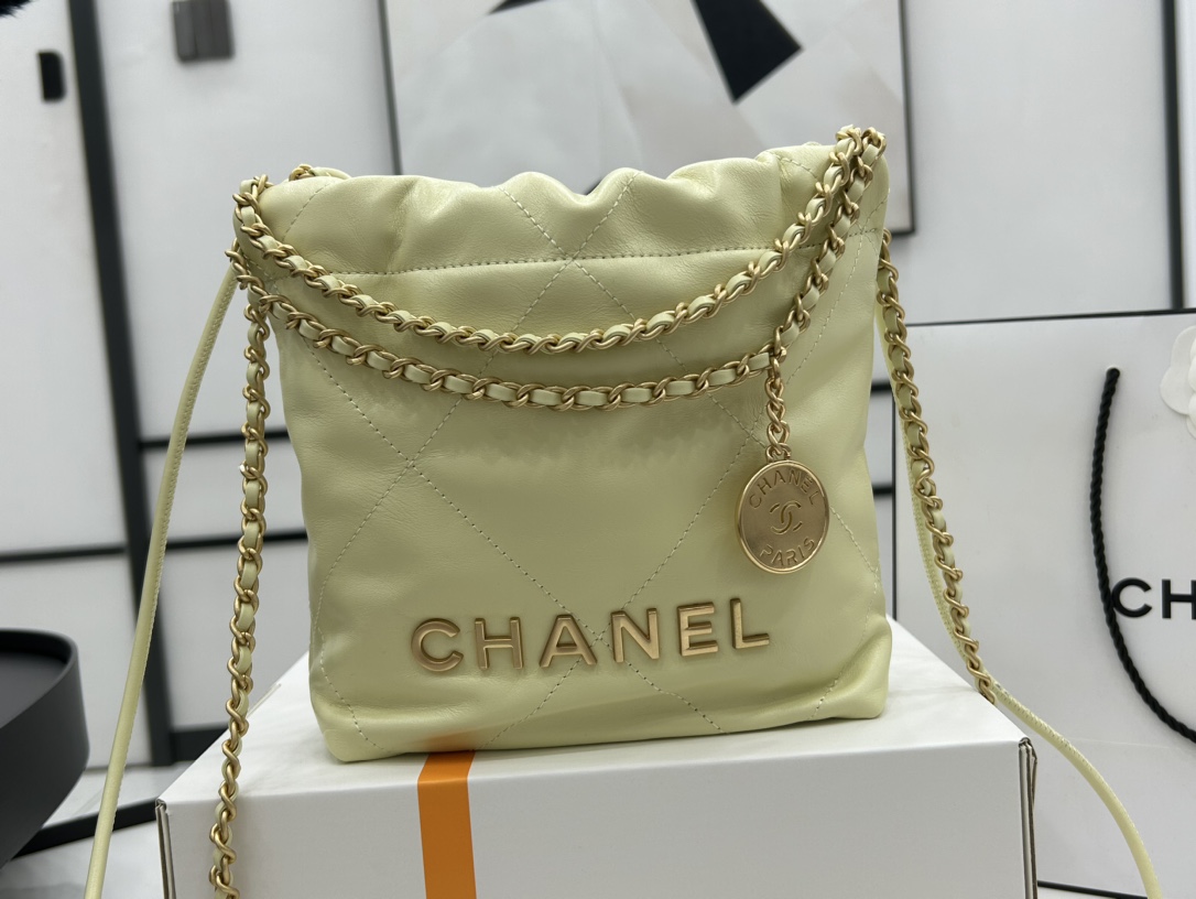 Chanel 22 Mini Handbag Shiny Calfskin Gold-Tone Metal Light Yellow