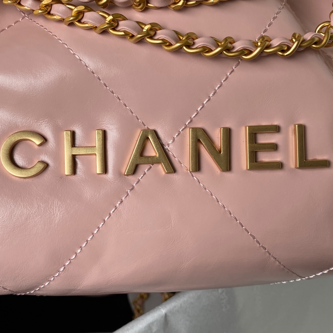 Chanel 22 Mini Handbag Shiny Calfskin Gold-Tone Metal Pink