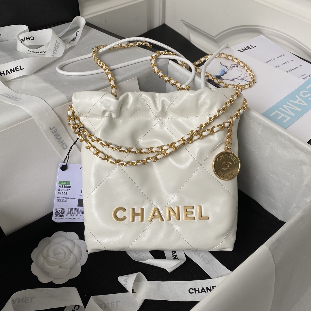 Chanel 22 Mini Handbag Shiny Calfskin Gold-Tone Metal White