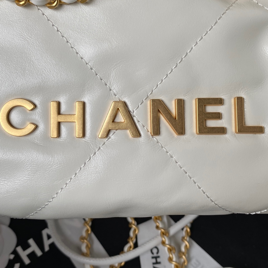 Chanel 22 Mini Handbag Shiny Calfskin Gold-Tone Metal White