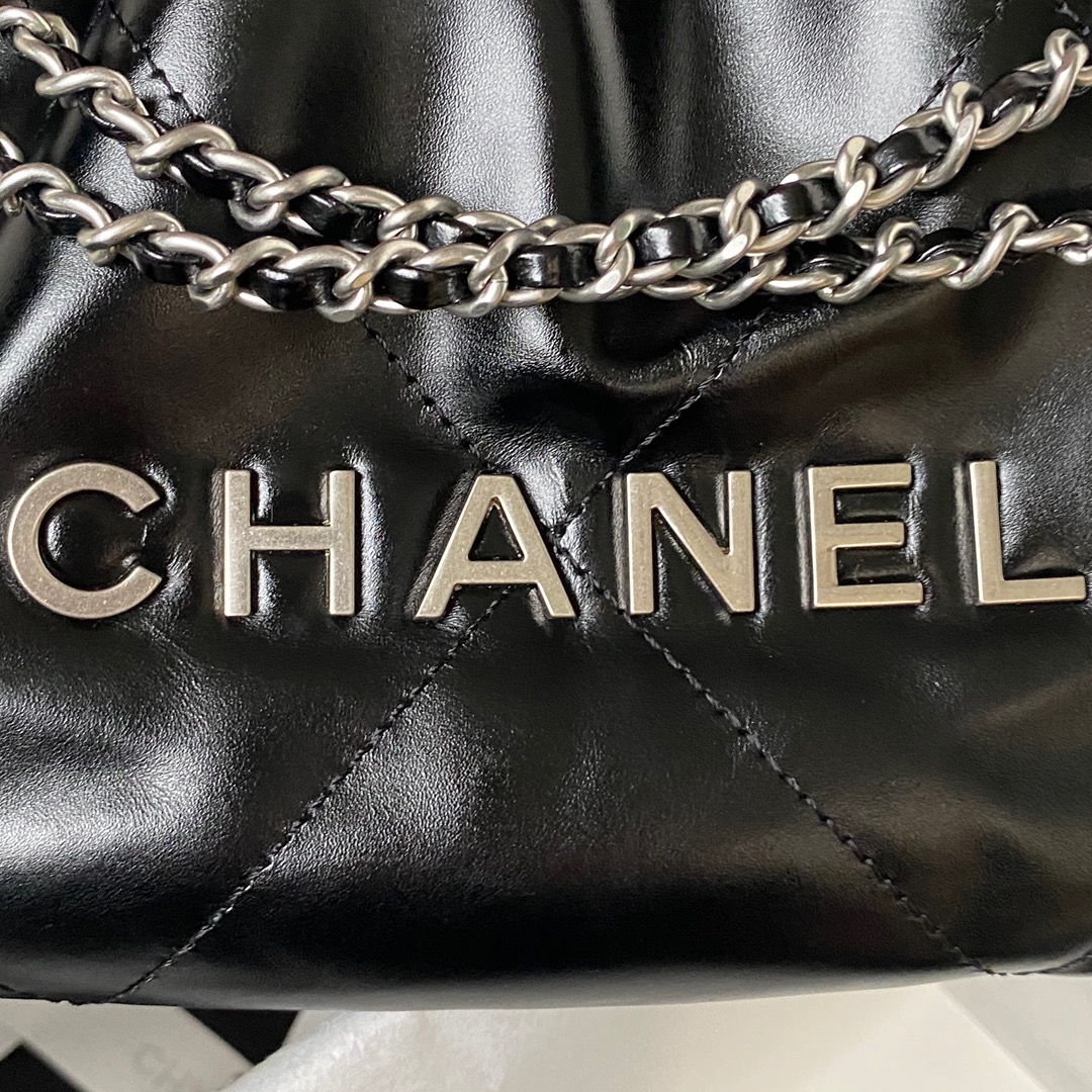 Chanel 22 Mini Handbag Shiny Calfskin Silver-Tone Metal Black
