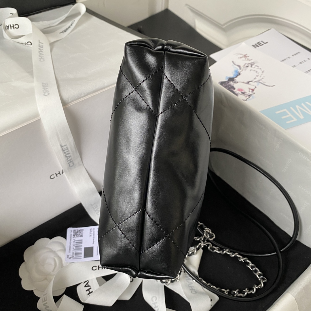 Chanel 22 Mini Handbag Shiny Calfskin Silver-Tone Metal Black