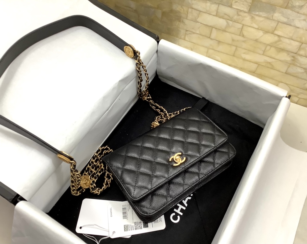 Chanel 22A Twist Your Buttons Wallet on Chain WOC in Black Caviar