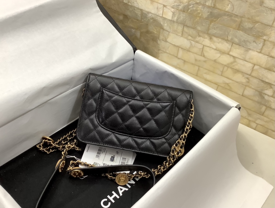 Chanel 22A Twist Your Buttons Wallet on Chain WOC in Black Caviar