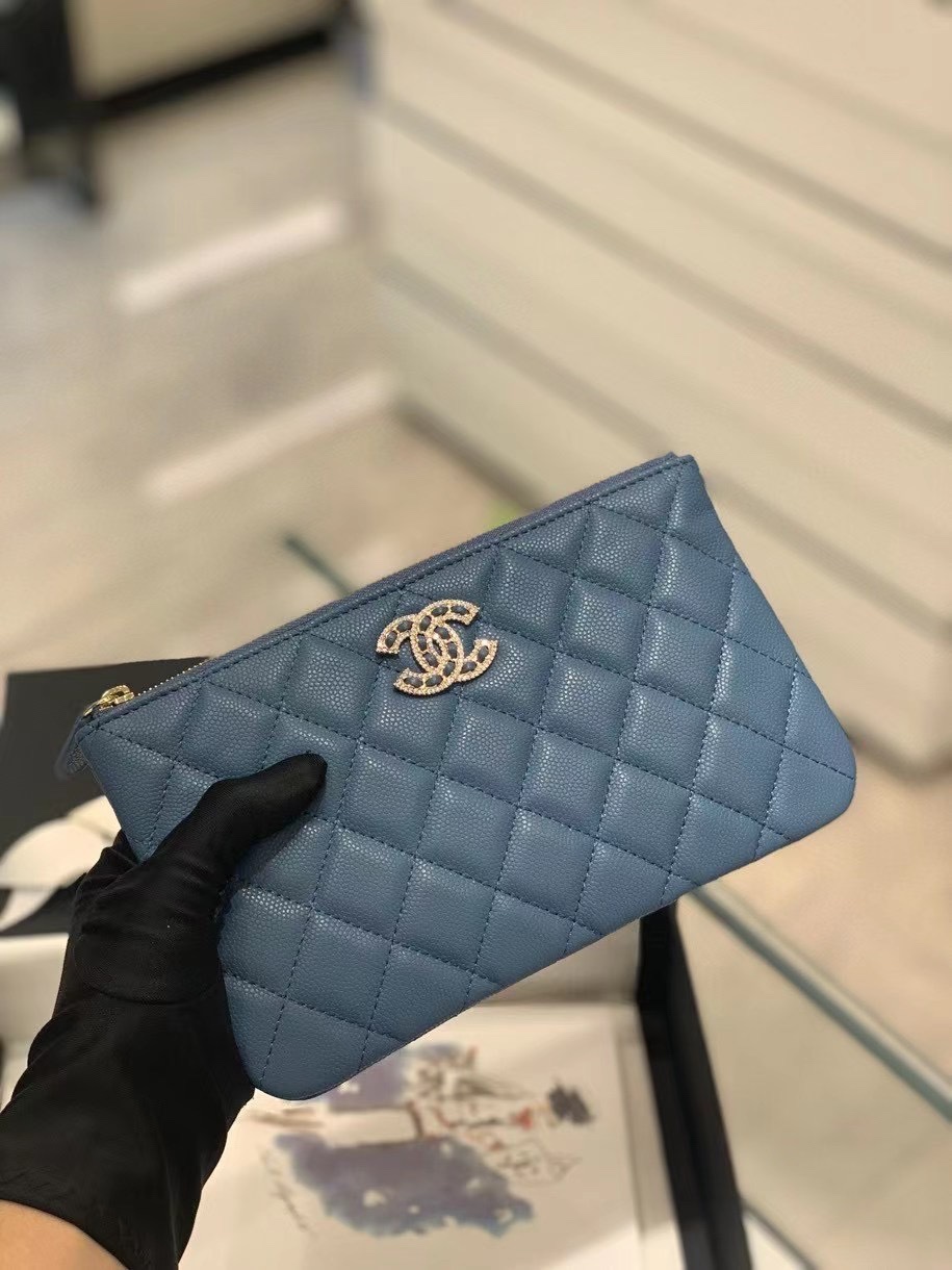 Chanel 22S Clutch Caviar Blue Leather with Diamonds