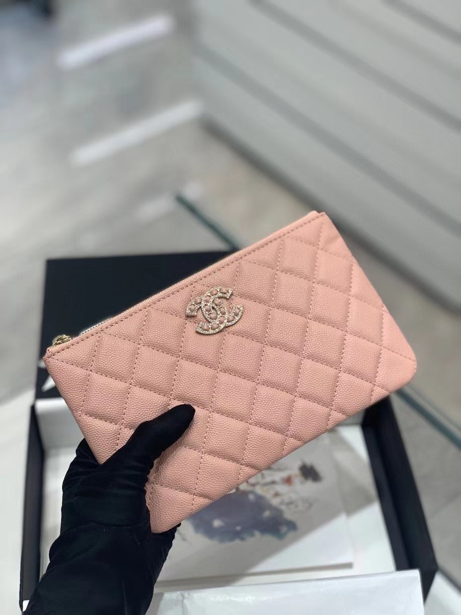 Chanel 22S Clutch Caviar Pink Leather with Diamonds