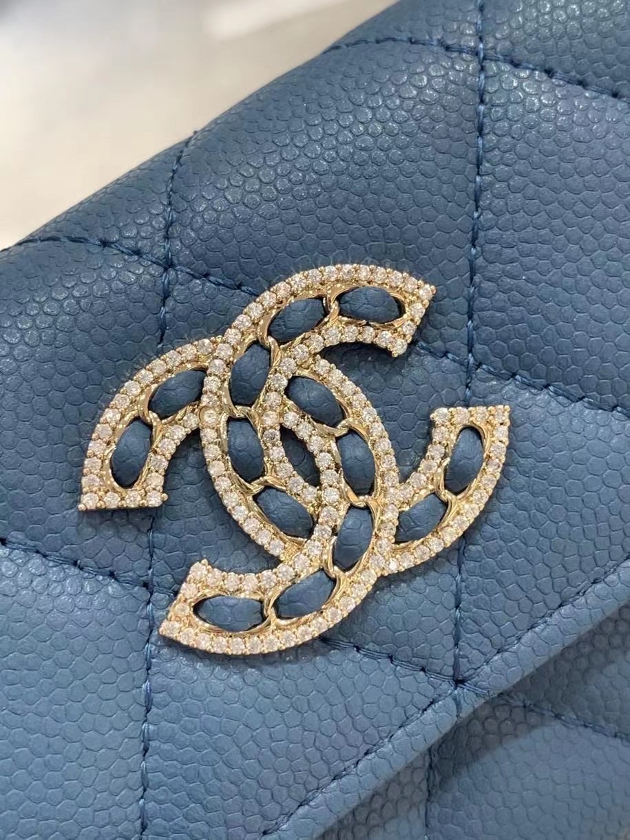 Chanel 22S Wallet Caviar Blue Leather with Diamonds