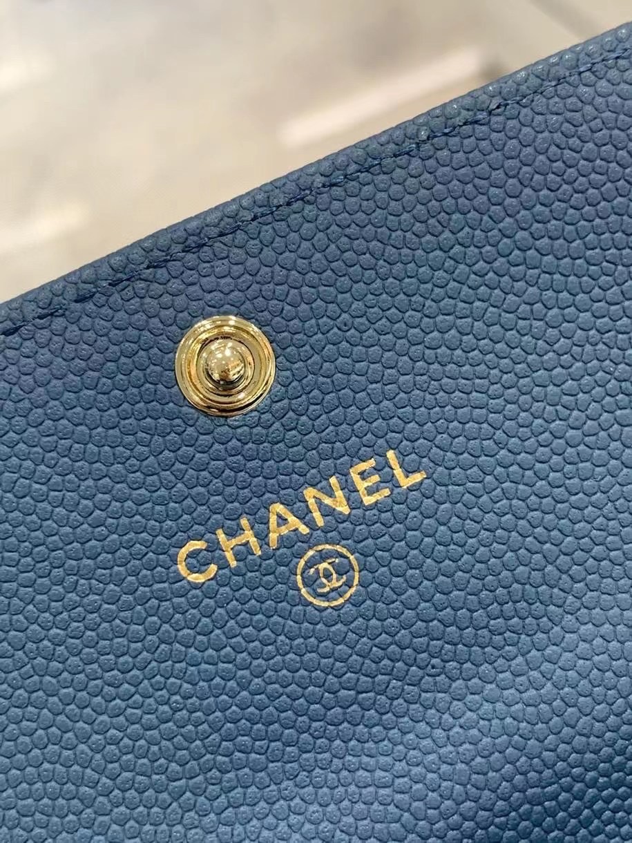 Chanel 22S Wallet Caviar Blue Leather with Diamonds