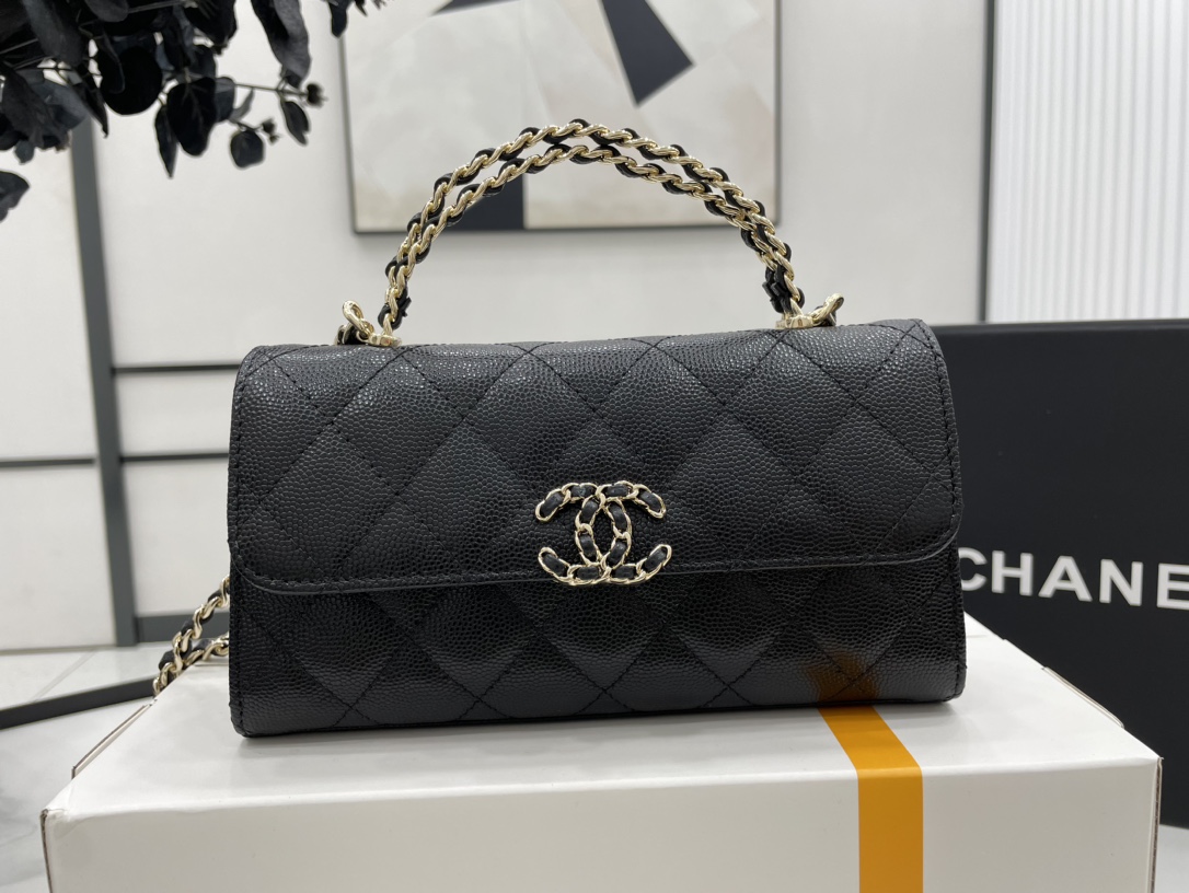 Chanel 23P AP3238 Mini Clutch With Chain Grained Shiny Calfskin  Gold-Tone Metal Black