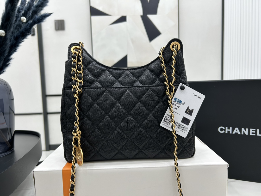 Chanel 23P AS3690 Mini Hobo Bag White Grained Calfskin Black