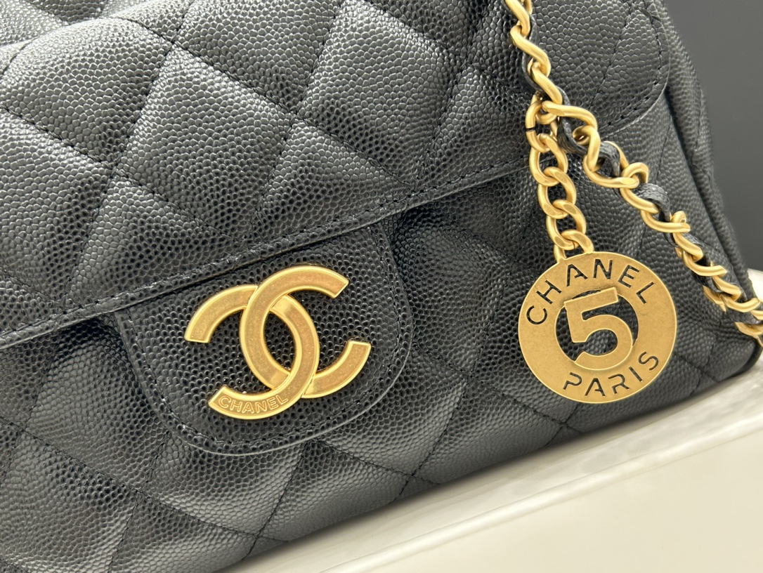 Chanel 23P AS3690 Mini Hobo Bag White Grained Calfskin Black