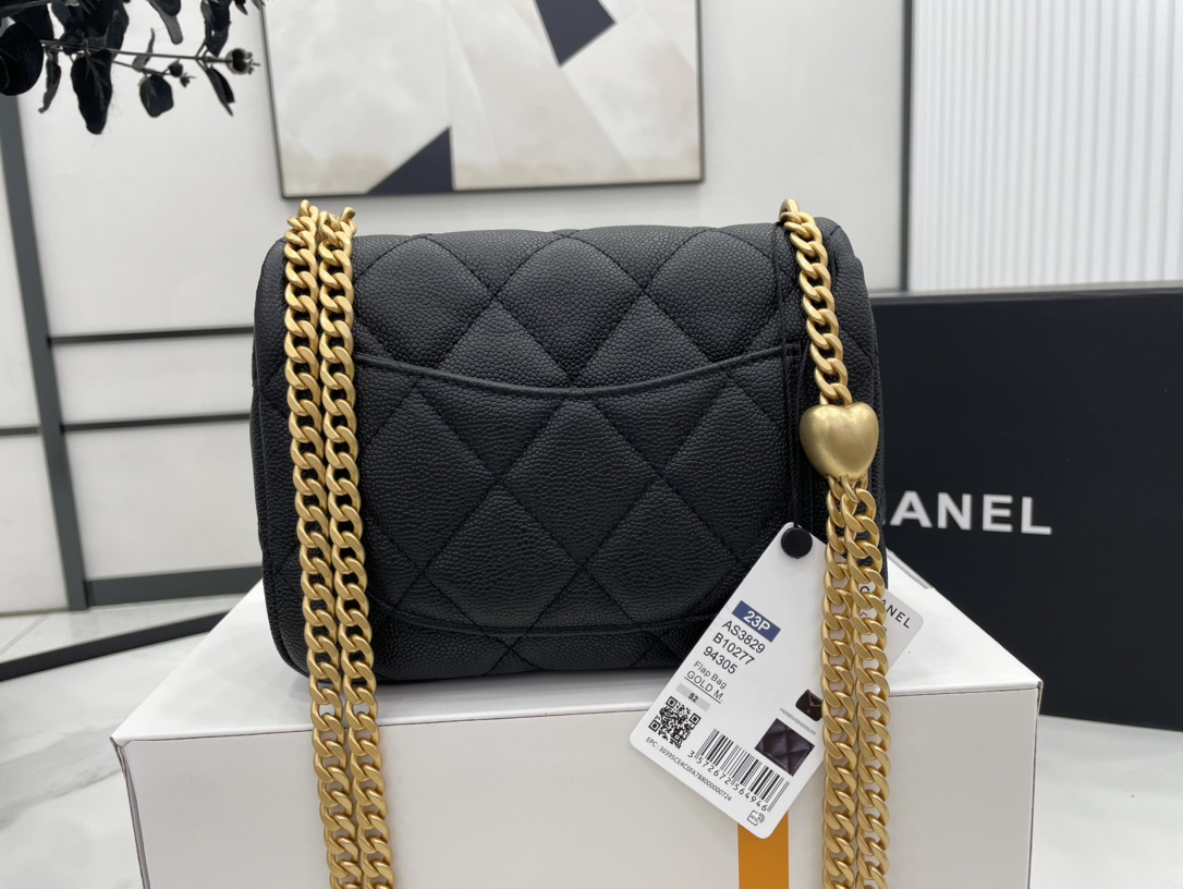 Chanel 23P AS3829 Heart Chain Adjustable Buckle CC Logo Small Flap Bag Black Grained Calfskin