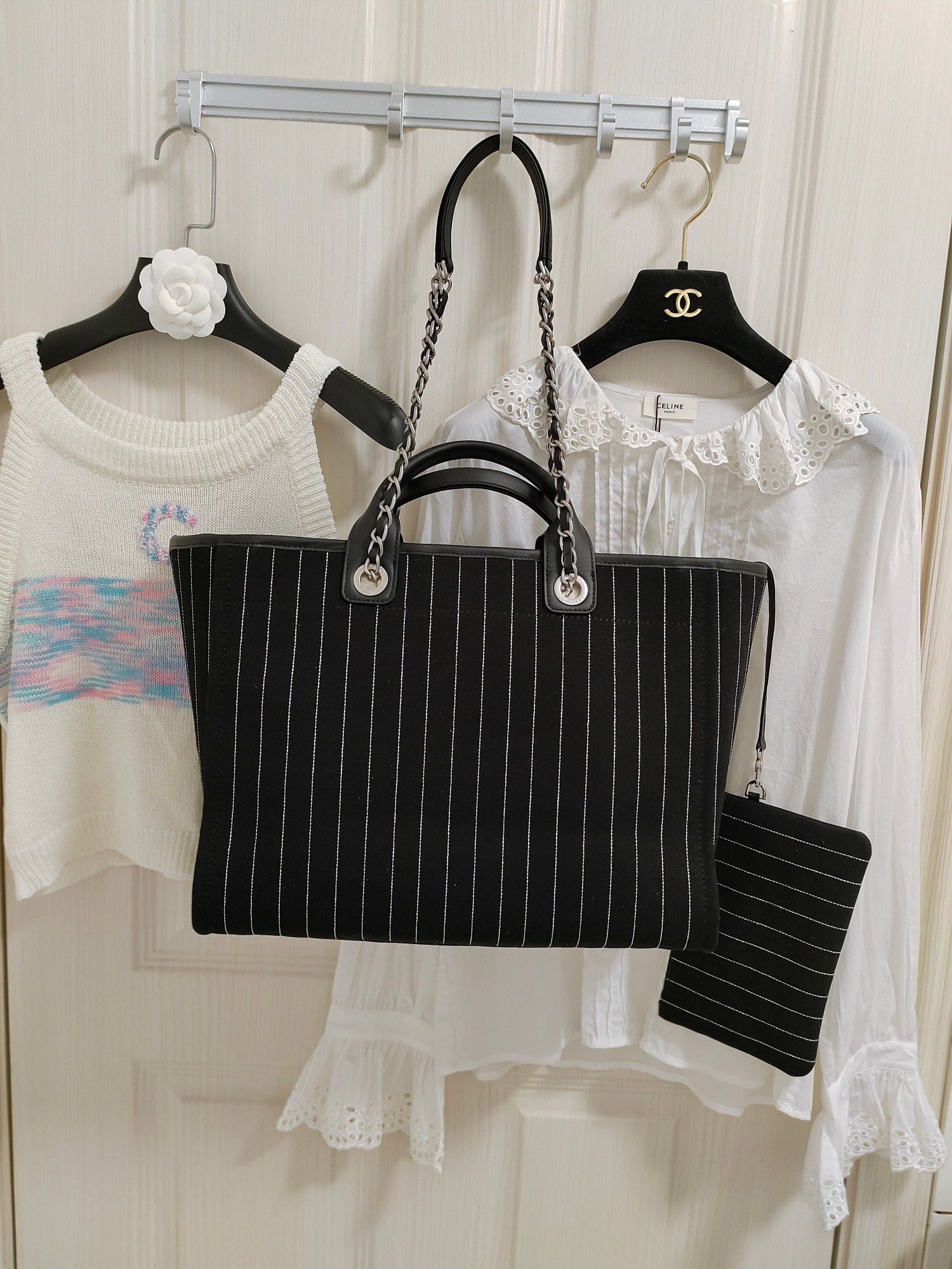 Chanel 23P Deauville Black White Stripe Large Shopping Top Handle Tote Bag