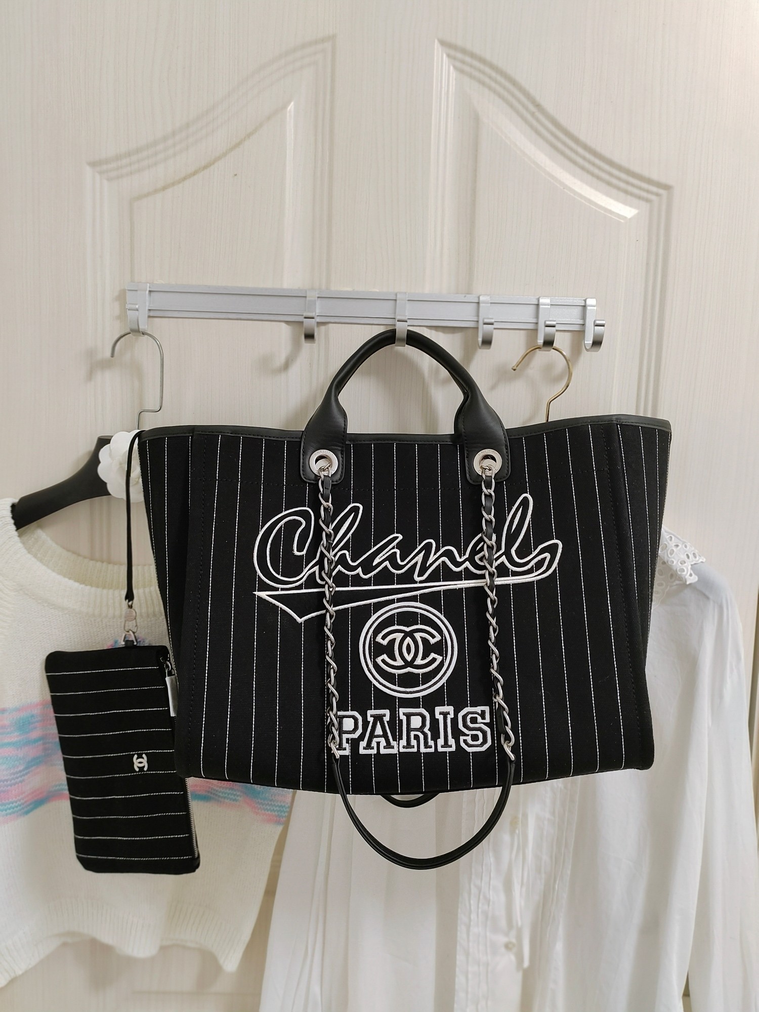 Chanel 23P Deauville Black White Stripe Large Shopping Top Handle Tote Bag