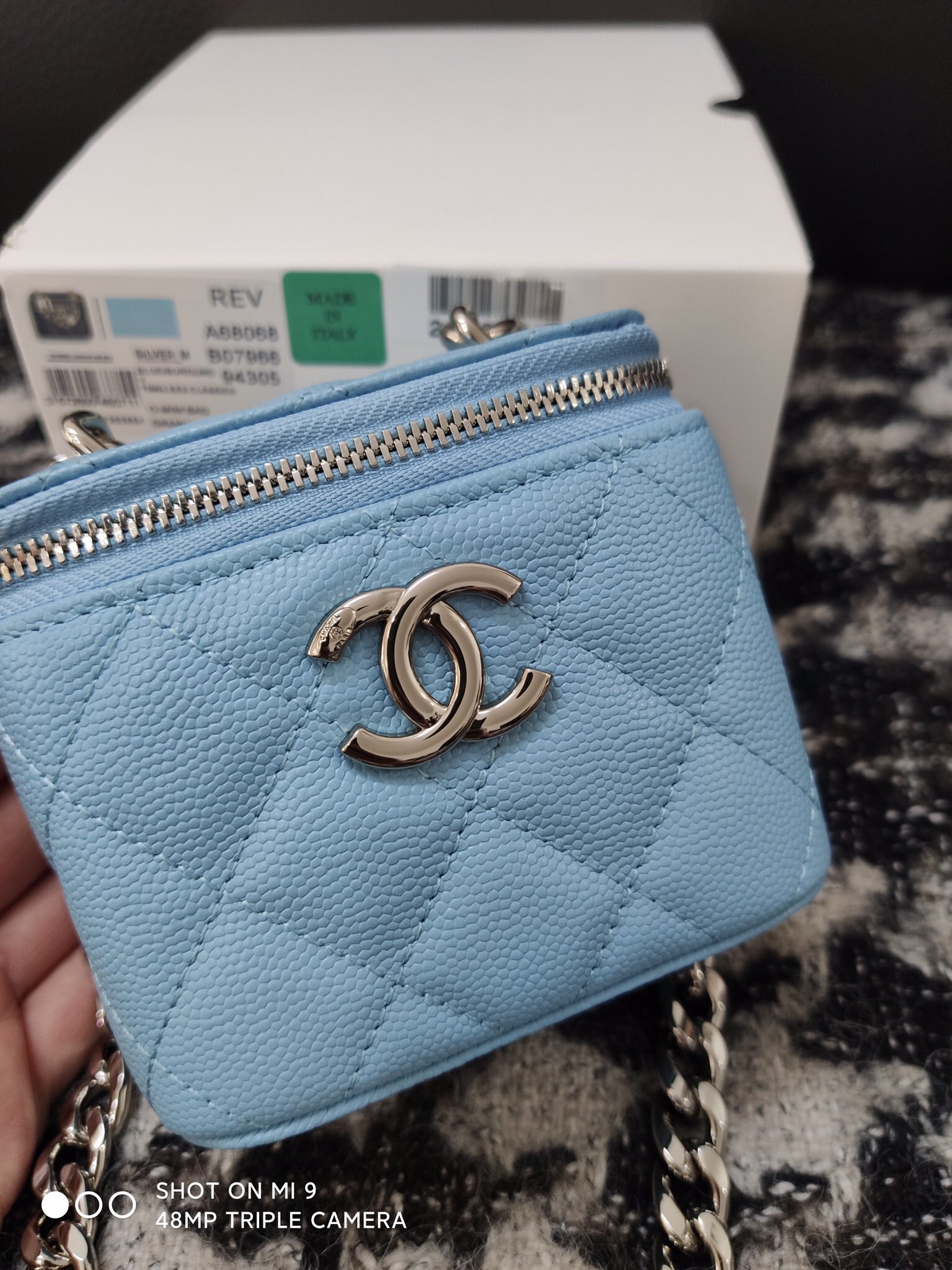 Chanel 23P Mini Box Bag Enamel Buckle with Vintage Chain Blue