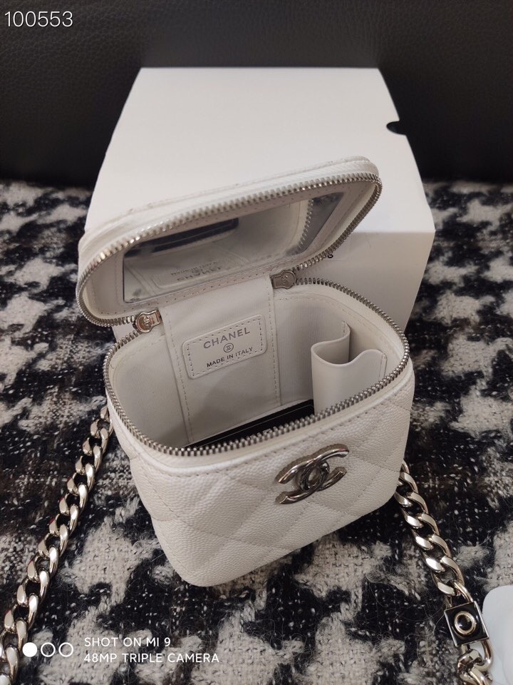 Chanel 23P Mini Box Bag Enamel Buckle with Vintage Chain White