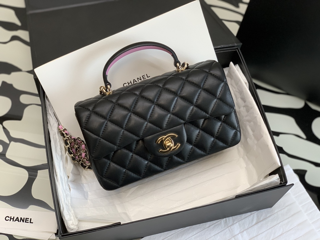 Chanel 23P Mini Rectangular Flap with Top Handle Black and Pink Lambskin Light Gold Hardware